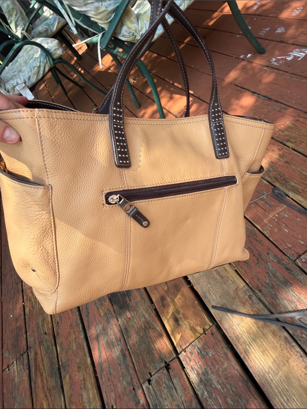 Tignanello ~ Large Tan Pebbled Leather Tote wDark Brown Leather w/STUDDED detail - Picture 4 of 8